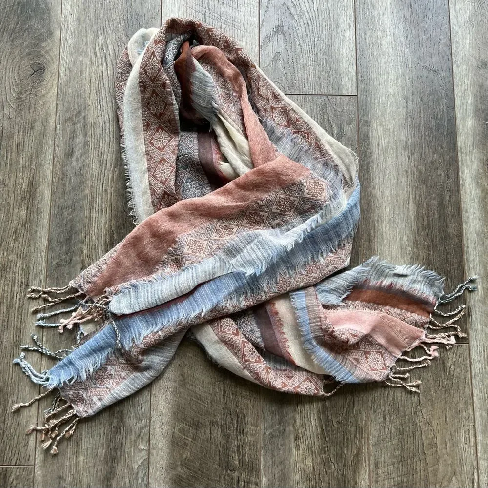 PRANA Mae Scarf Wrap Fringed Striped Tan Blue Cream Multicolored 100% Wool